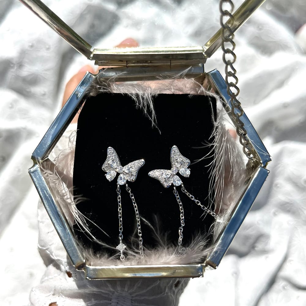 Sparkling Dangle Butterfly Earrings Silver Jewelry
