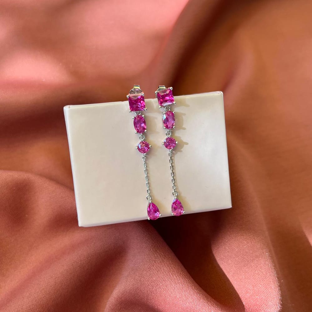 Pink Stone-set Dangle Earrings Silver Jewelry