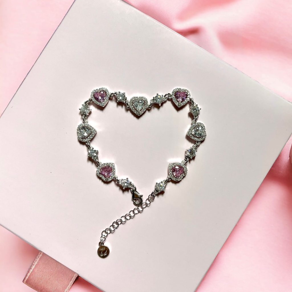 Heart Bracelet Pink White Stone-set Silver Jewelry