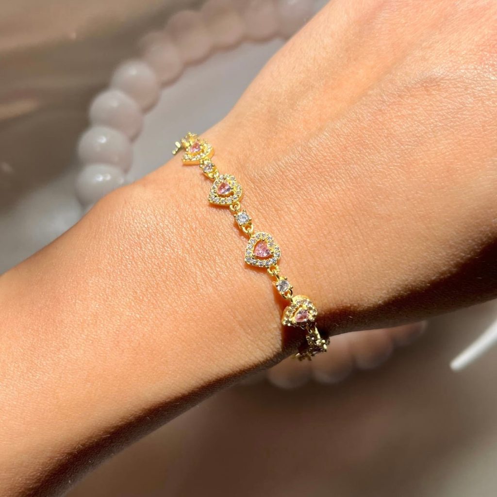 Heart Bracelet Pink Stone-set Gold minimal Silver Jewelry