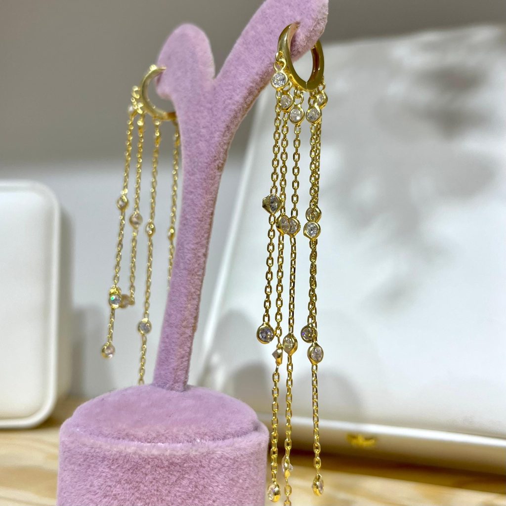 Dangle Chain Stone-set Hoop Earrings Silver Jewelry