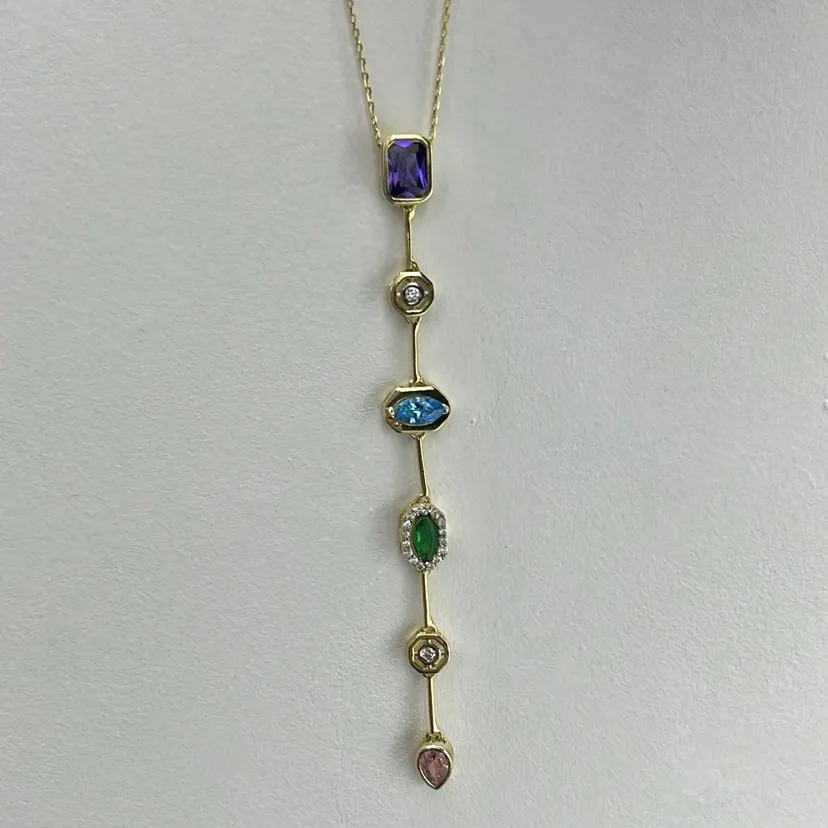 Colored Stone-set Y Necklace Silver Jewelry