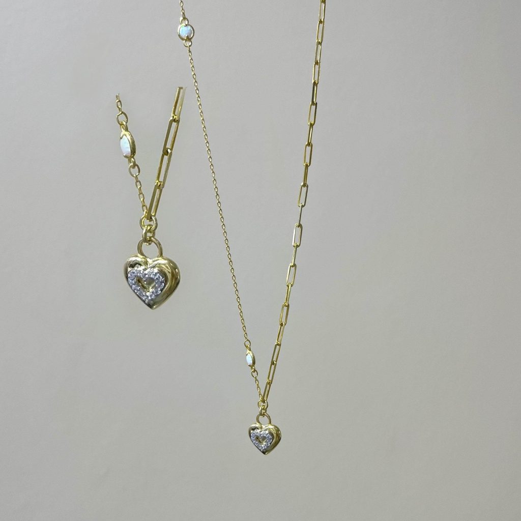 Heart Opal Stone-set Chain Necklace Silver Jewelry