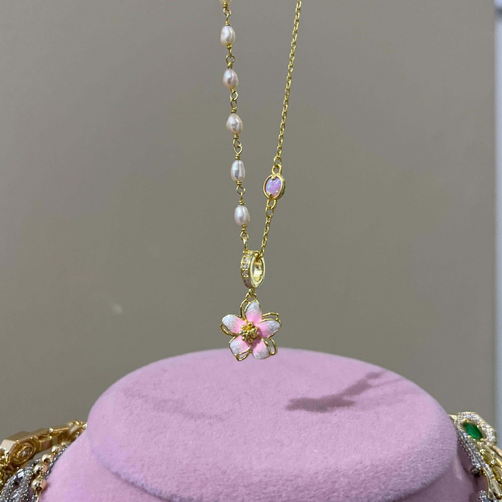 Pink Floral Opal Necklace Silver Jewelry
